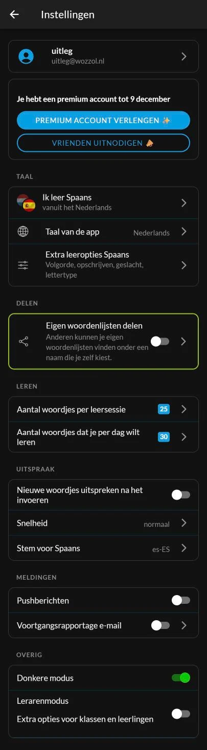 Het nieuwe instellingenscherm van Wozzol