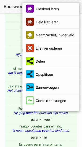 De opties bij een woordenlijst